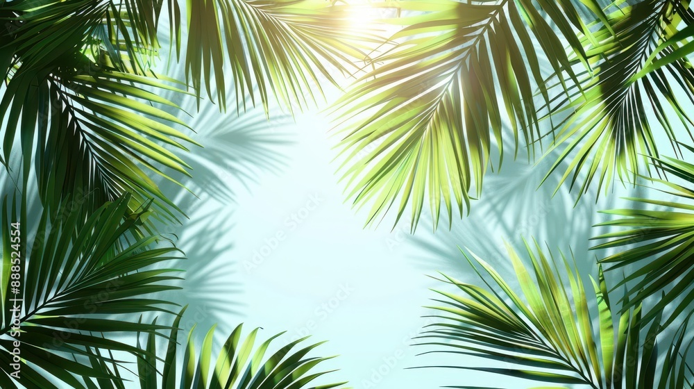 Bright sunlight on palm leaves with shadow details, flat design, top view, exotic oasis, animation, colored pastel, copy space for text Bright sunlight on palm leaves with shadow details, flat design, top view, exotic oasis, animation, colored pastel, copy space for text