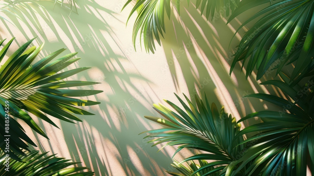 Bright sunlight on palm leaves with shadow details, flat design, top view, exotic oasis, animation, colored pastel, copy space for text Bright sunlight on palm leaves with shadow details, flat design, top view, exotic oasis, animation, colored pastel, copy space for text