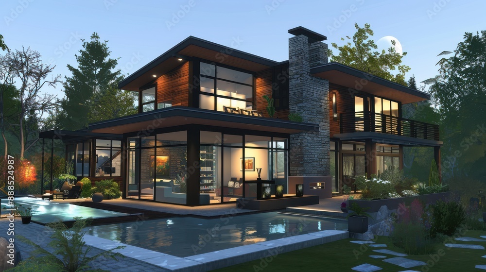 Detailed modern house plan, advanced home security features, realistic setting, high resolution, secure and stylish design Detailed modern house plan, advanced home security features, realistic setting, high resolution, secure and stylish design