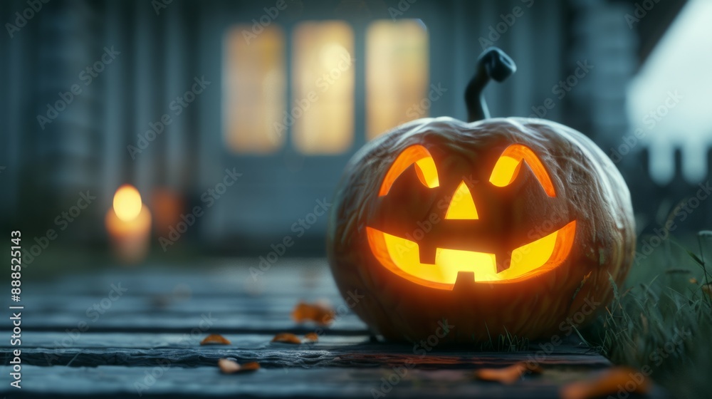 A pumpkin with a scary face is sitting on a wooden deck A pumpkin with a scary face is sitting on a wooden deck