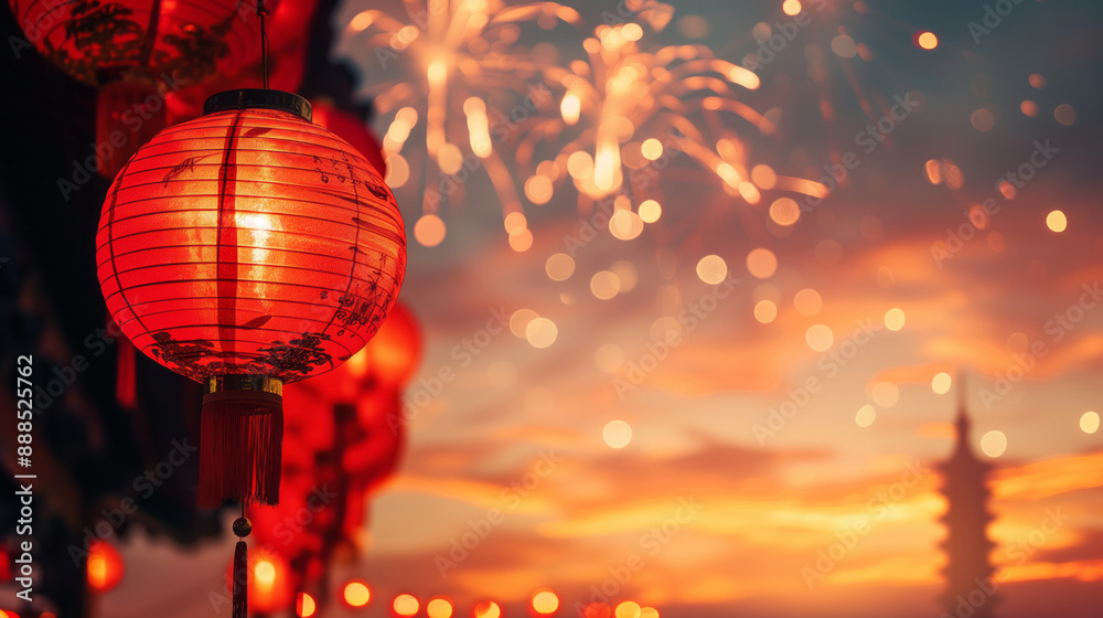 Red paper lantern on sunset sky Red paper lantern on sunset sky