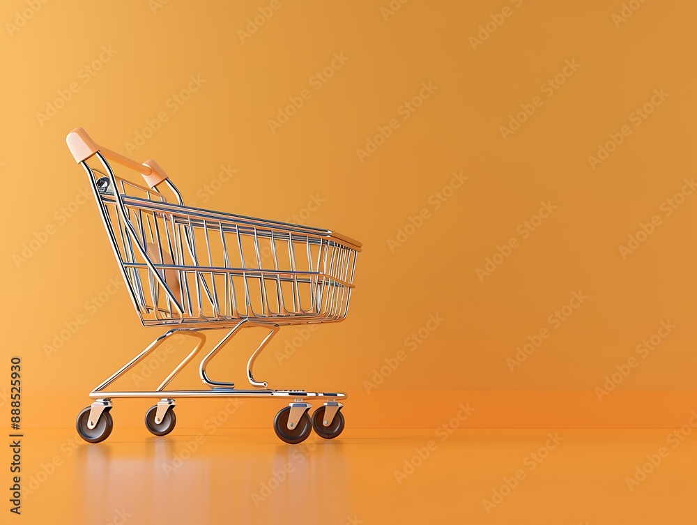 3D rendered ShopHaw cart, orange backdrop, left side blank for text, high-quality photographic style. 3D rendered ShopHaw cart, orange backdrop, left side blank for text, high-quality photographic style.