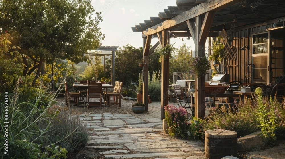 Rustic setting with farmhouse elements, such as a garden with native plants and wood decor. generative ai