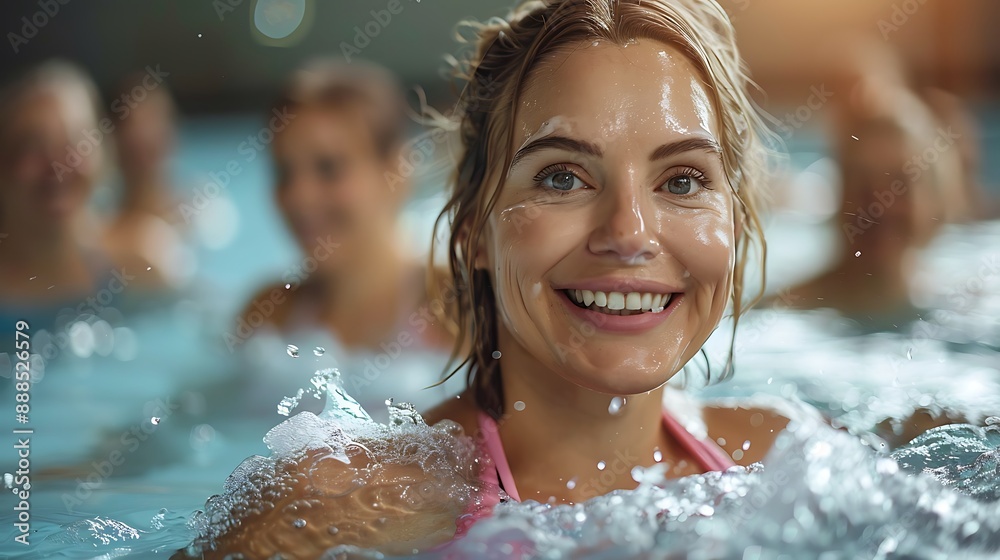 Obraz premium Active mature women enjoying aqua gym class in a pool, healthy retired lifestyle with seniors doing aqua fit sport