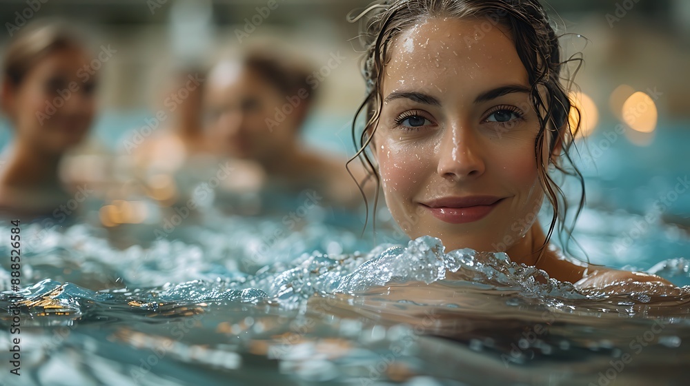 Fototapeta premium Active mature women enjoying aqua gym class in a pool, healthy retired lifestyle with seniors doing aqua fit sport