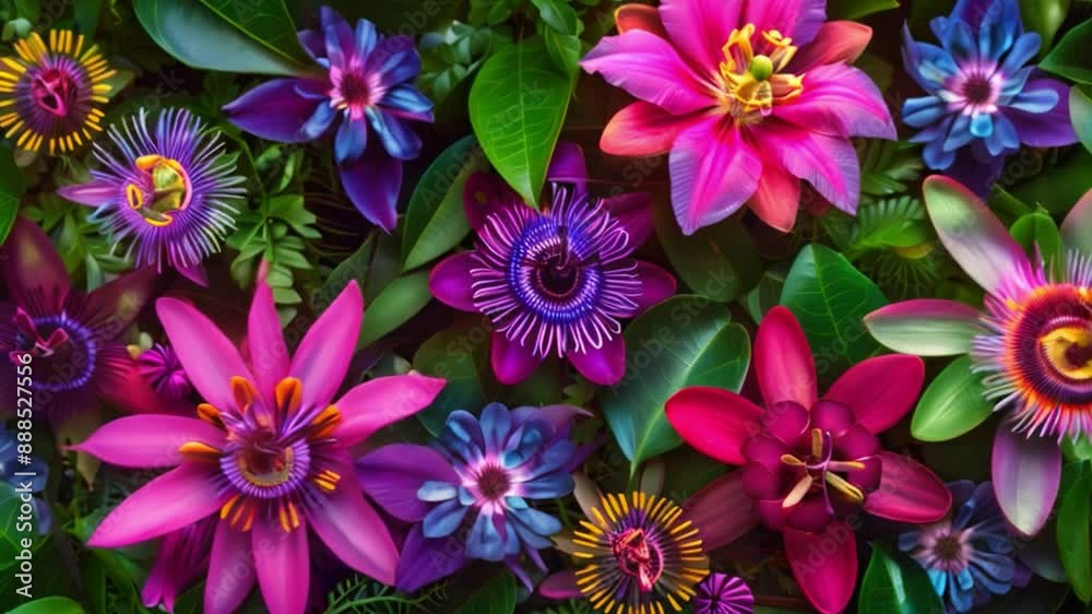 A colorful array of passionflowers, including pink, purple, blue, and yellow varieties, bloom in a tropical garden setting. A colorful array of passionflowers, including pink, purple, blue, and yellow varieties, bloom in a tropical garden setting.
