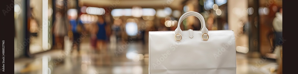 High-resolution image of a white shopping bag in a mall, focused with blurred background of luxury stores and people. High-resolution image of a white shopping bag in a mall, focused with blurred background of luxury stores and people.