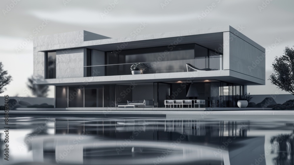 Naklejka premium Modern house model, minimalist interior, detailed design, realistic setting, high resolution, showcasing proficiency