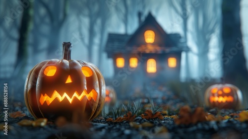 A house with a porch light on and a few pumpkins on the ground