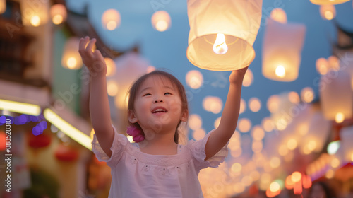 Cute Asian children playing on a lively street and releasing sky lanterns into the night sky