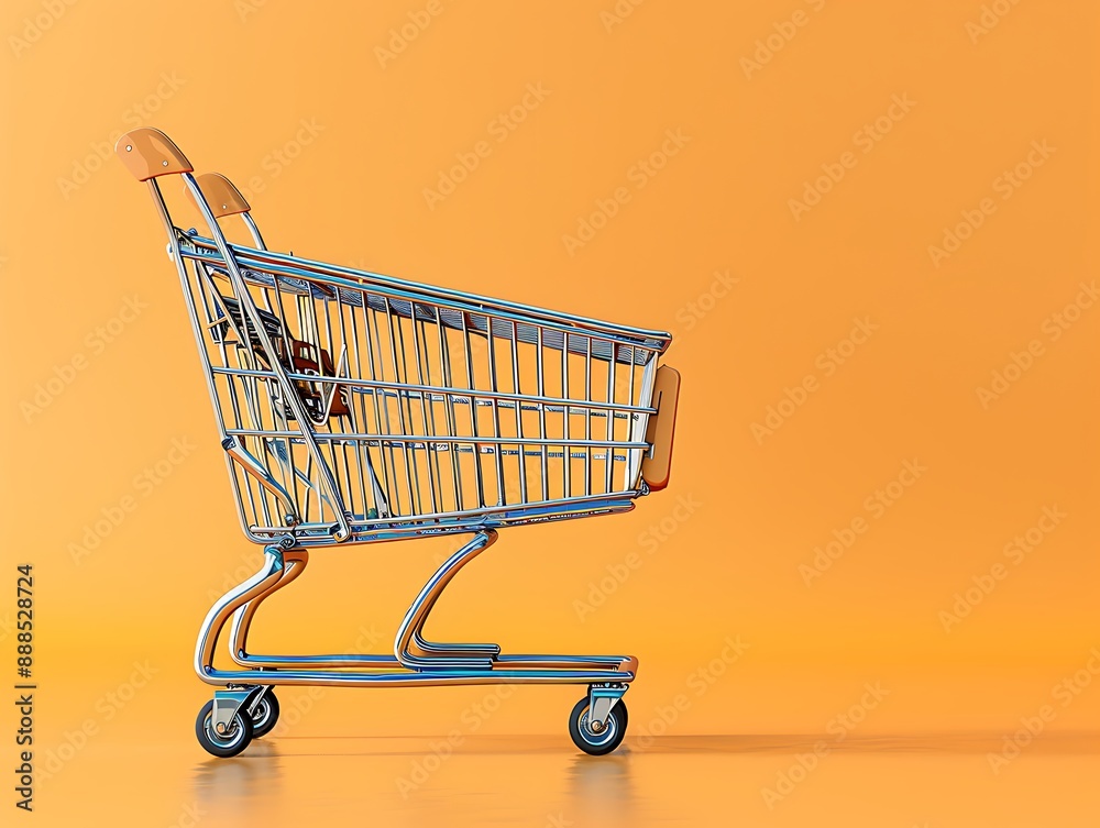 3D rendered ShopHaw cart, orange backdrop, left side blank for text, high-quality photographic style. 3D rendered ShopHaw cart, orange backdrop, left side blank for text, high-quality photographic style.