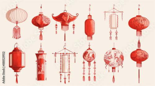 Hand drawn element set of red hanging decoration in Asian traditional market
