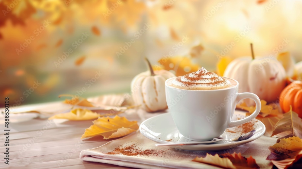 A white coffee cup with a pumpkin on top of it A white coffee cup with a pumpkin on top of it