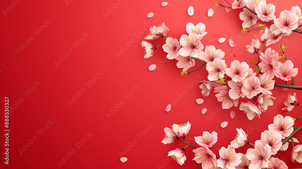Happy chinese new year with sakura flowers and red background Happy chinese new year with sakura flowers and red background