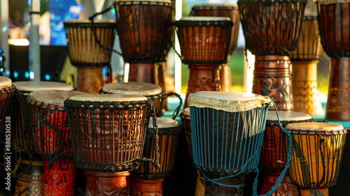 Hand-Carved African Djembe Drums Group Display Outdoors