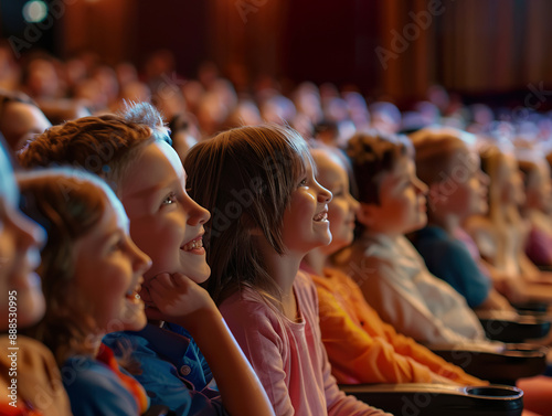 A group of children are sitting in a theater, smiling and laughing, generative ai image.