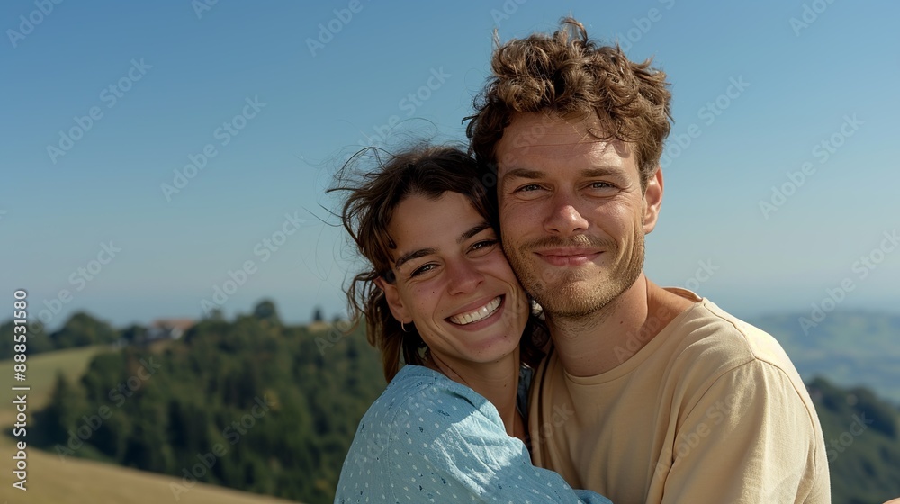 Fototapeta premium A couple joyfully embracing on a scenic overlook, with rolling hills, dense forests, and a clear blue sky as their backdrop, capturing their love and the awe-inspiring beauty of nature's landscapes.