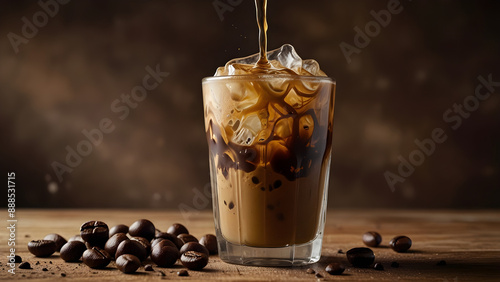 Coffee beans on wooden table, iced coffee with cream pouring into glass photo