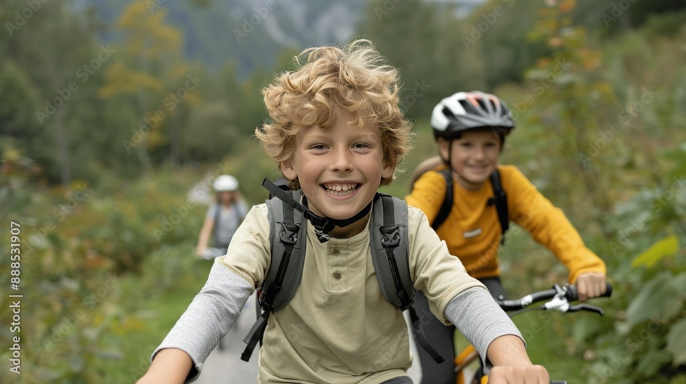 A family joyfully biking through a forest trail, with children leading the way and parents following, their faces filled with laughter and joy, capturing the fun and excitement of outdoor activities. A family joyfully biking through a forest trail, with children leading the way and parents following, their faces filled with laughter and joy, capturing the fun and excitement of outdoor activities.