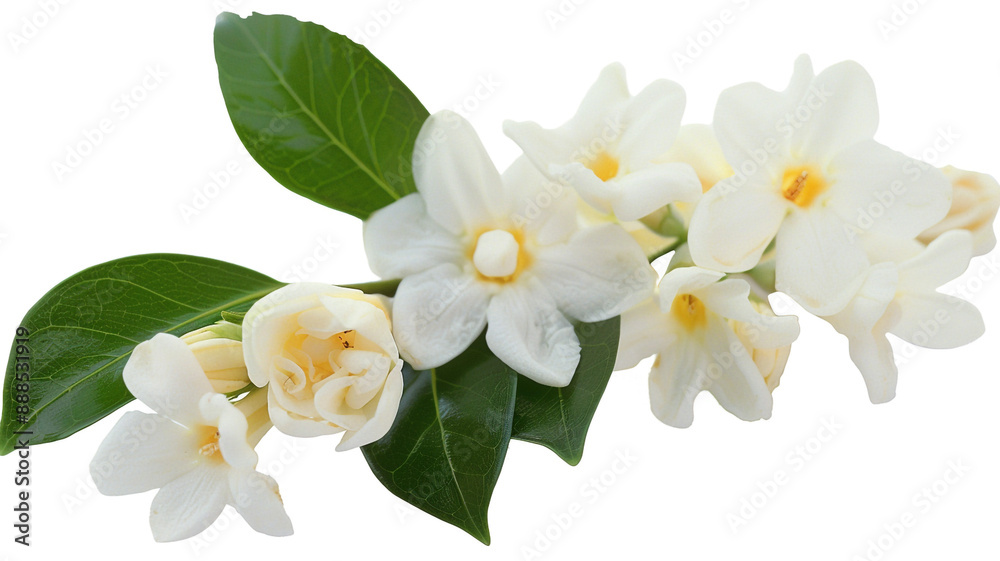 Jasmine Philadelphus flowers and leaves in a floral arrangement isolated on white background. Jasmine Philadelphus, floral arrangement, white background, flowers and leaves, isolated flowers, Jasmine Philadelphus flowers and leaves in a floral arrangement isolated on white background. Jasmine Philadelphus, floral arrangement, white background, flowers and leaves, isolated flowers,