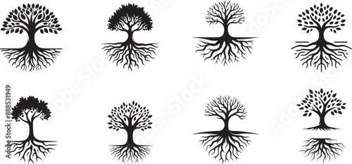 Tree with leaves and roots, Tree logo, black and flat tree for logo, tree silhouette logo icon design, tree silhouette vector art design, photo