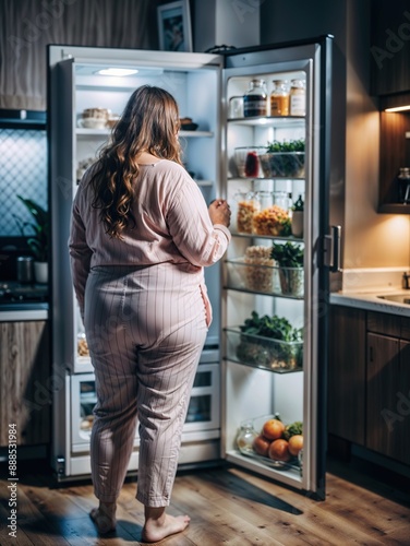 Plus-size woman eating at night by an open refrigerator. Night hunger, junk food. Gluttony and overeating. © Кузнецова Евгения