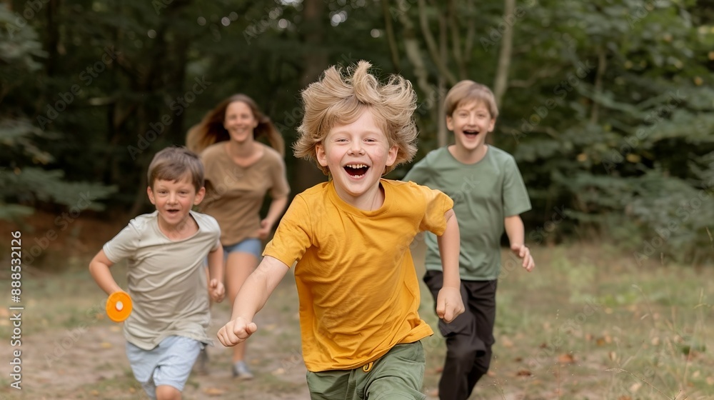 A family joyfully playing frisbee in a forest clearing, children running and parents laughing, their faces filled with joy and energy, capturing the fun and freedom of outdoor play in nature. Height