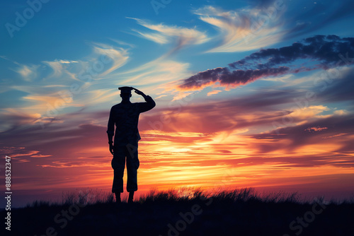 A man in a military uniform salutes the sun, generative ai image.