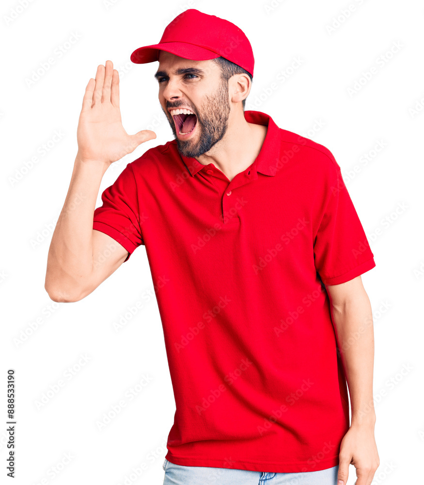 Young handsome man with beard wearing delivery uniform shouting and screaming loud to side with hand on mouth. communication concept. Young handsome man with beard wearing delivery uniform shouting and screaming loud to side with hand on mouth. communication concept.