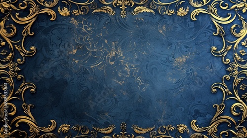 Timeless Regency Background with Rich Navy and Gold Patterns and a Gilded Frame with Scrollwork