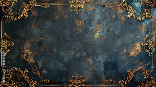 Timeless Regency Background with Rich Navy and Gold Patterns and a Gilded Frame with Scrollwork