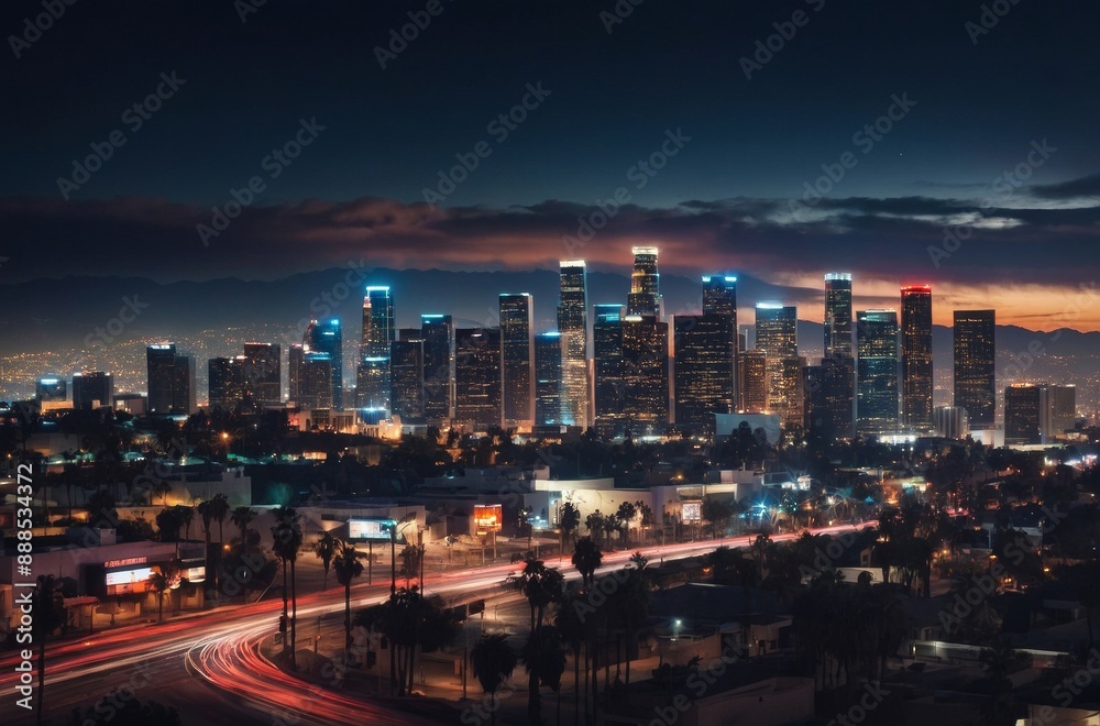 Panoramic view of los angeles skyline at night Panoramic view of los angeles skyline at night