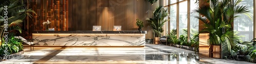 Sophisticated hotel lobby interior, marble floor, reception desk, and lush plants. Panoramic windows and elegant lighting. © pick pix