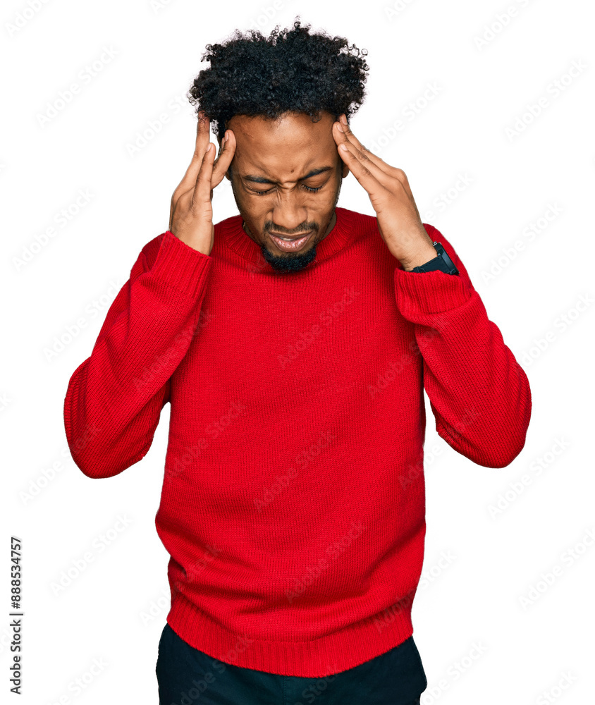 Young african american man with beard wearing casual winter sweater with hand on head, headache because stress. suffering migraine. Young african american man with beard wearing casual winter sweater with hand on head, headache because stress. suffering migraine.