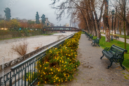 Benches Flowers and Mapocho River Parque de los Reyes, Santiago de Chile