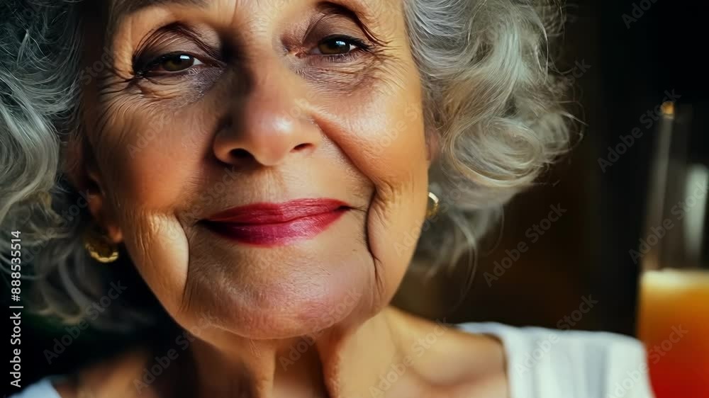 A portrait of a wiselooking older woman with a head full of beautiful grey curls surrounded by a spread of tasty snacks and drinks.
