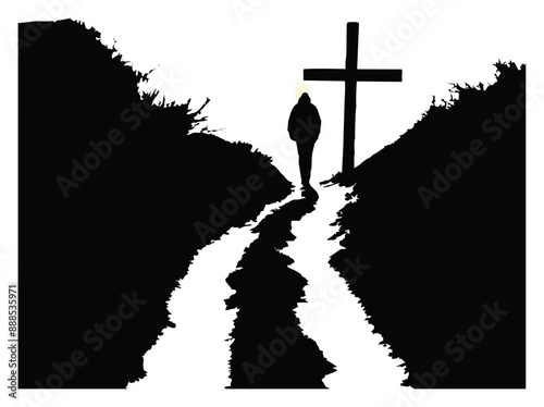 silhouette of a person walks towards the cross