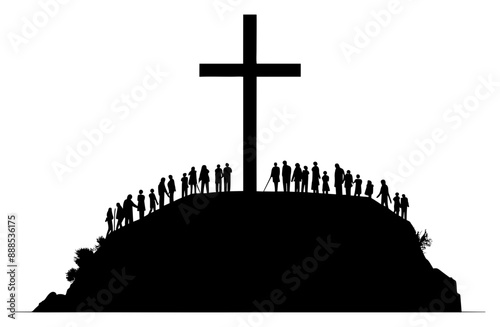 silhouette of people next to a cross