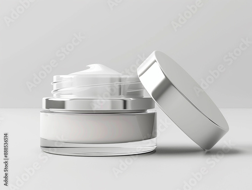 glass jar of beauty cream with silver lid resting on the side and reflected in the white plane