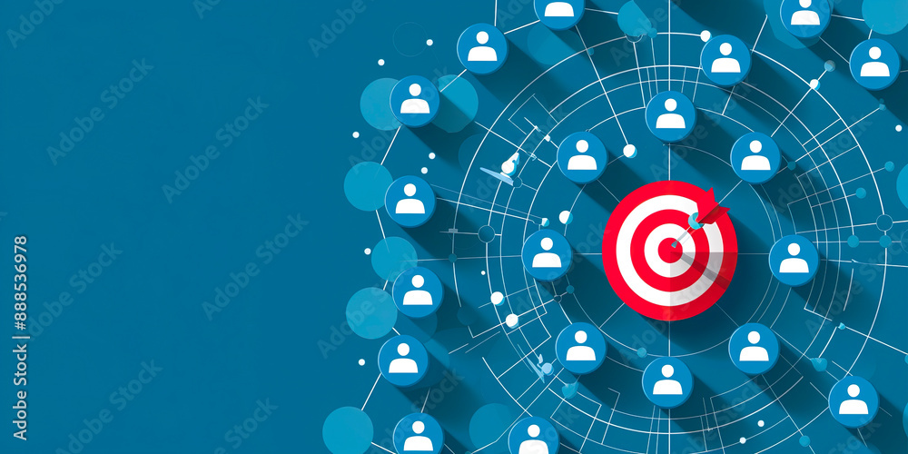 Fototapeta premium A blue background with a red target in the center surrounded by people