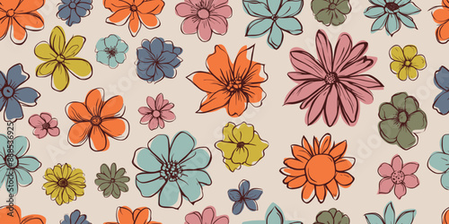 Painted flowers, seamless pattern, multicolor summer background, vector design