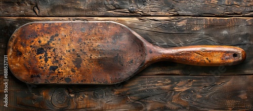 Old Wooden Paddle on Weathered Plank Surface