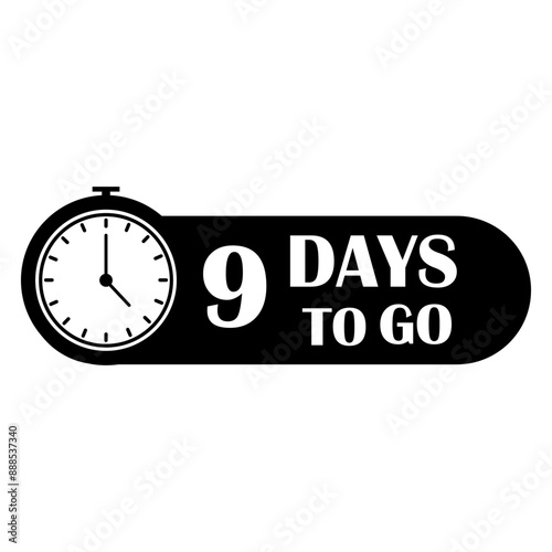 Countdown timer icon. Nine days to go. Vector illustration. Black and white design.