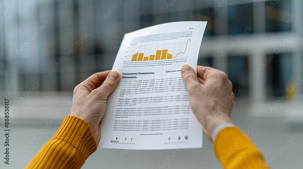 Obraz premium Hands holding a printed report with financial data, illustrating the importance of thorough analysis and review in business. Height Resolution Photo, , Minimalism,