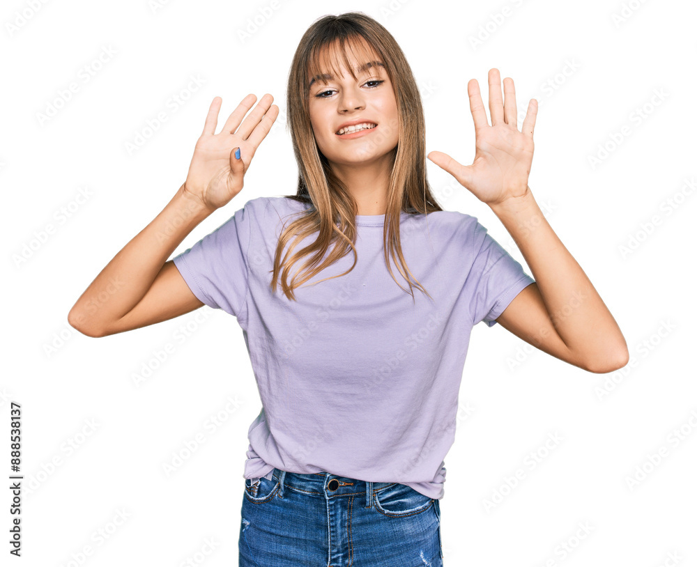 Teenager caucasian girl wearing casual clothes showing and pointing up with fingers number nine while smiling confident and happy. Teenager caucasian girl wearing casual clothes showing and pointing up with fingers number nine while smiling confident and happy.