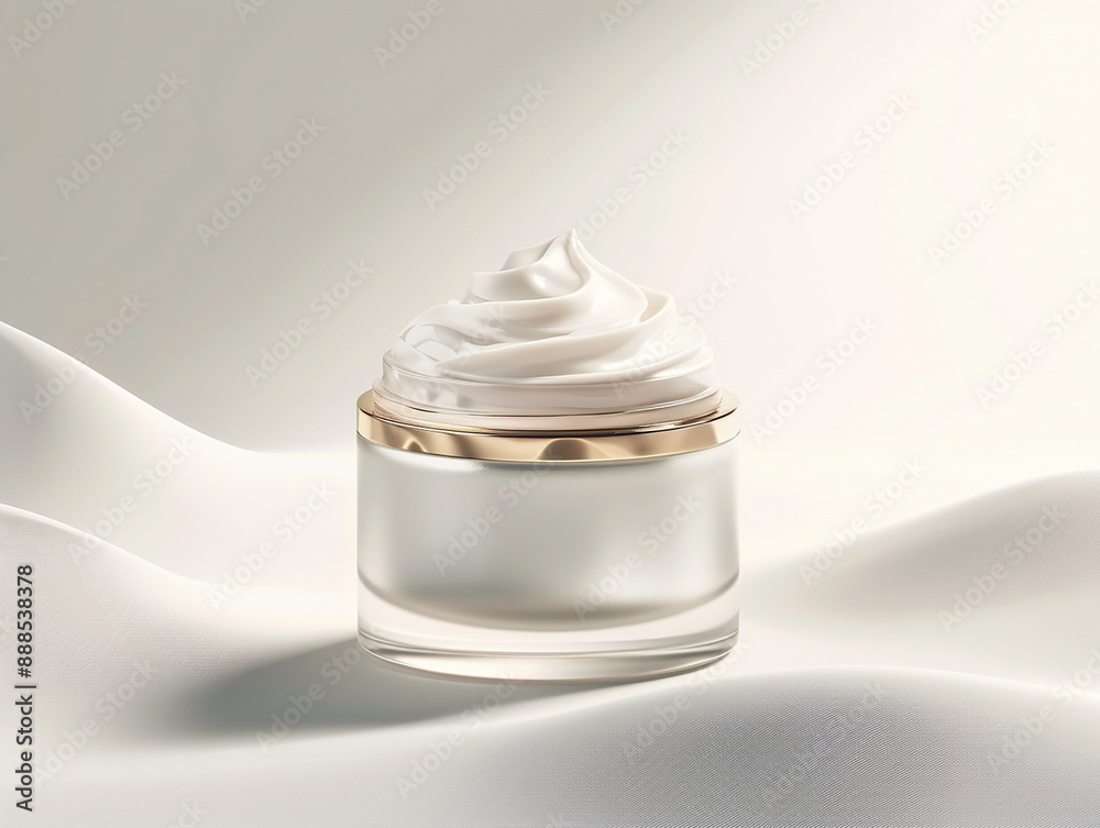 glass jar of beauty cream with gold lid resting on the side and reflected in the white plane glass jar of beauty cream with gold lid resting on the side and reflected in the white plane