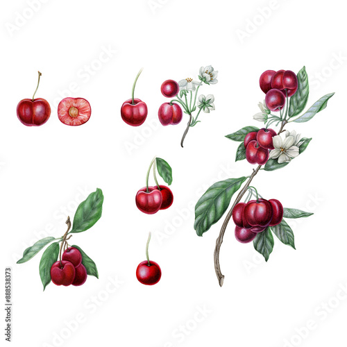 Watercolor cherry set, cherry on a branch clipart, hand-drawn summer fruits icon. Collection of botanical illustrations, isolated on white.