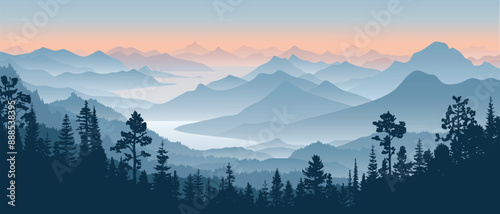 Sunrise in the mountains, misty silhouettes of ridges, panoramic view, vector illustration