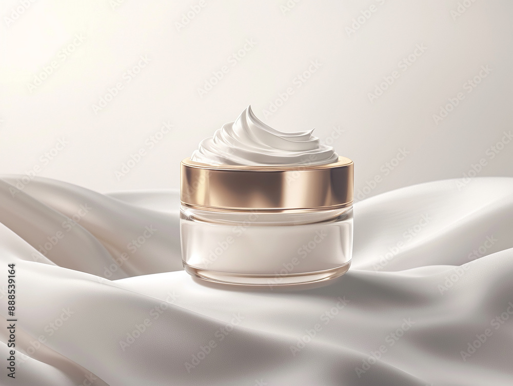 glass jar of beauty cream with silver lid resting on the side and reflected in the white plane glass jar of beauty cream with silver lid resting on the side and reflected in the white plane