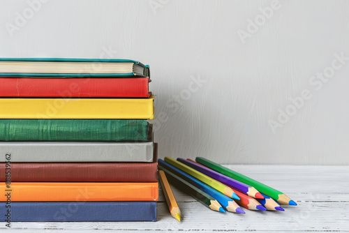 Neat stack of colorful hardcover books beside an array of bright colored pencils on a clean white table.